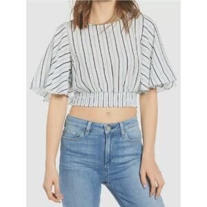 Moon River Striped Linen Flutter Sleeve Smocked Striped Crop Top Size Large